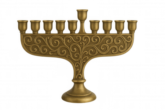 Golden menorah featuring intricate floral pattern, symbolizing hanukkah tradition, set against transparent backdrop