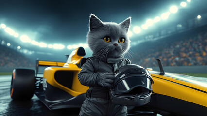 cool athlete, racer, gray fluffy cat in leather racing suit, holds helmet in paws, stands near racing car