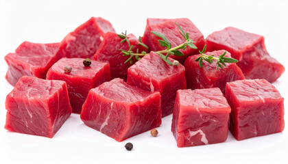 Fresh beef cubes for stew isolated on white backdrop. Tasty raw meat. Cooking preparation.