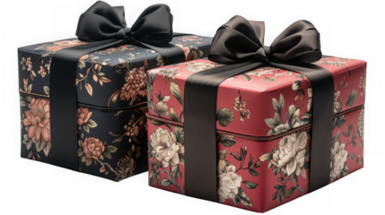 Two gift boxes, one red and one black, decorated with a floral pattern and tied with a black ribbon and bow, isolated on transparent background
