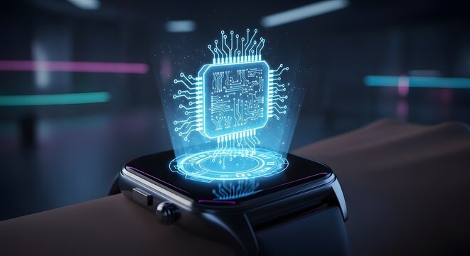 Futuristic smartwatch displaying a glowing holographic processor chip and circuits, representing advanced wearable technology - Powered by Adobe