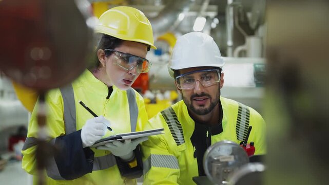 Two Latin American engineers, wearing helmets, inspect a compressor and condenser system using a digital tablet in a manufacturing plant.
