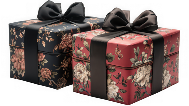 Two gift boxes, one red and one black, decorated with a floral pattern and tied with a black ribbon and bow, isolated on transparent background - Powered by Adobe