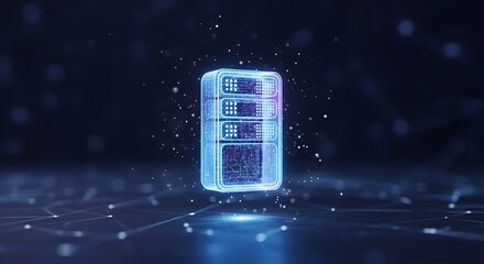 Glowing blue server rack symbol with futuristic digital connections, representing data storage and technology