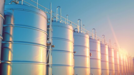 Shiny metal rainwater tanks with industrial pipes under sunset sky, modern environmental water harvesting system for urban sustainability and renewable resource collection infrastructure