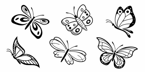Collection of Stylized Black and White Butterfly Illustrations