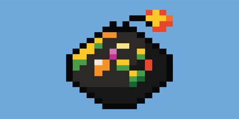 Pixel Art. Confetti Bomb. Party. A colorful 8-bit vector icon of a party bomb with confetti for a video game power-up, a celebration graphic, or a fun social media sticker design.