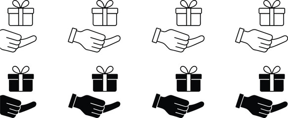 Gift box icons with hand holding present, line and filled style, giving, celebration, charity donation, reward, surprise, and holiday