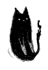 A spooky yet endearing black and white ink drawing of a ghostly cat with large eyes and a simple, abstract form, perfect for Halloween or a minimalist aesthetic.