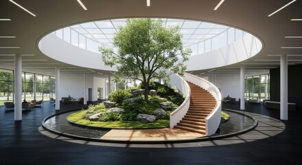 Fototapeta premium Modern Architectural Atrium with Lush Indoor Garden and Spiral Staircase
