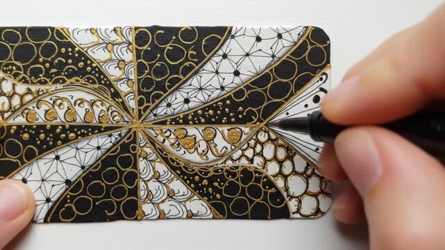 Close up of person drawing intricate black and gold pattern on white rectangular surface art piece