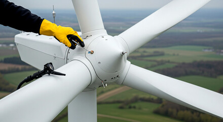 Wind turbine hub inspected with yellow gloves