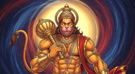Obraz premium Illustrated character holding a golden mace, against a swirling cosmic background with bright light