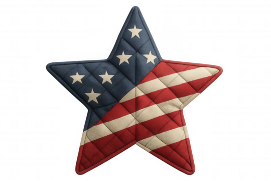 Star shaped cushion with american flag colors and stitching on transparent background, perfect for celebrating independence day