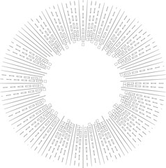 Outline circle with squared irregular rays at both ends radiating around a central space with tapering lines.