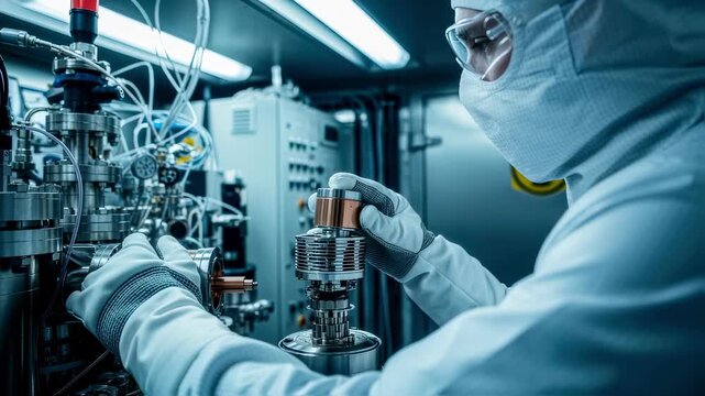 Gloved technician handling cyclotron target components in a radiationprotected vault dedicated to medical PET isotope synthesis.