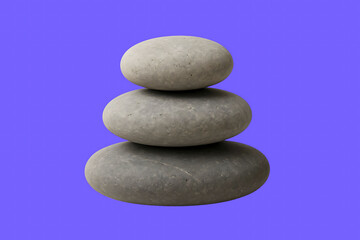 Three smooth grey pebbles stacked in perfect balance on a solid purple background. A minimalist symbol of zen, harmony, stability, mindfulness, meditation, and the tranquility of a spa or nature.
