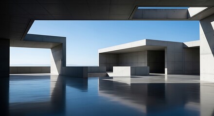 Fototapeta premium Modern architecture with reflective pool and clear blue sky architectural design