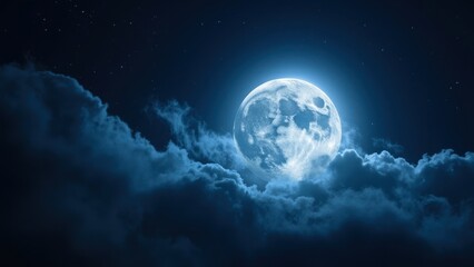 A full moon illuminating the night sky surrounded by dark, dramatic clouds and stars. The atmosphere is mysterious and magical