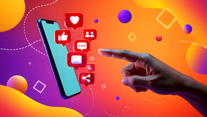 Vibrant Social Media Engagement: Hand Interacting with Smartphone and Floating Icons