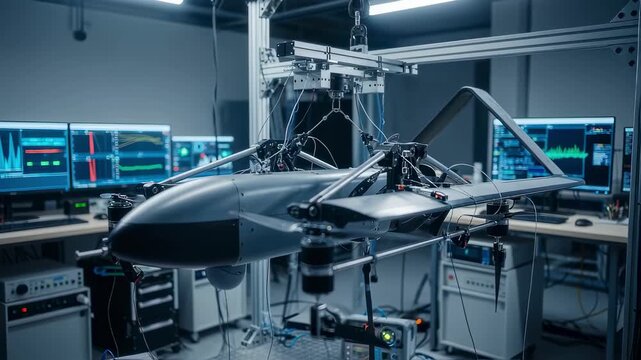 Foldingwing UAV suspended in a drone test rig inside a lab while monitoring devices collect continuous mechanical response data.