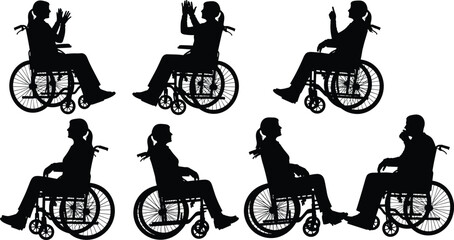 Wheelchair users, silhouette figures, inclusive gestures, communication, accessibility, diversity, mobility, empowerment, healthcare, support, disability, independence, lifestyle, expression, everyday