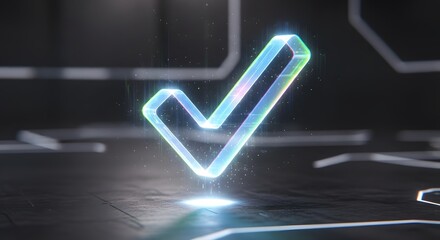 Glowing neon check mark symbol representing success, approval, and verification in a futuristic digital environment