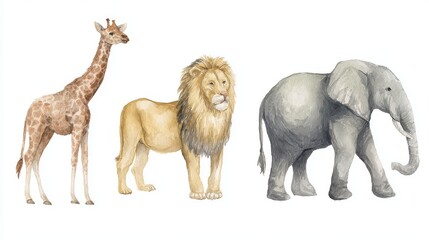 Watercolor safari animals illustration in pastel tones featuring giraffe, lion, and elephant with soft brush strokes and white space for text