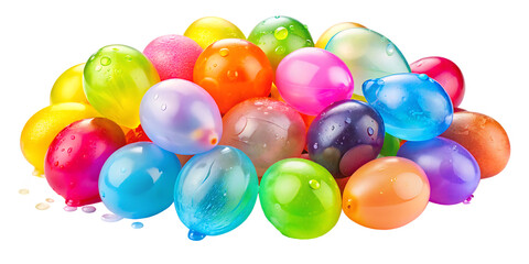 Assortment of wet colorful water balloons with water splashes on a white background isolated on a transparent background