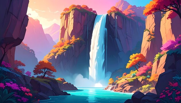 Vibrant Waterfall Cascading Through Colorful Mountain Gorge.