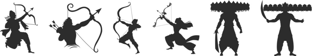 Dussehra elements: Ram Navami or ravan dahan Silhouette clip art vector Illustration 