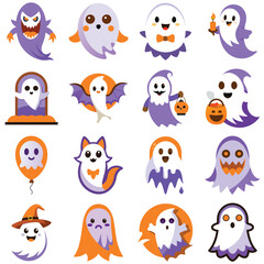 Collection of Cute Spooky Halloween Ghost Cartoon Characters in Various Costumes