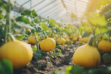 the image captures a dense field of round, yellow vegetables growing in what appears to be a greenhouse
