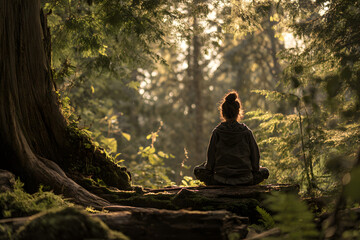 A person meditating in a tranquil forest, embodying sychological safety throug inner peace and connectio with nature.
