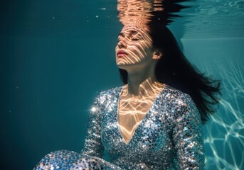 A woman in a sequined dress floats gracefully underwater, bathed in sunlight, creating a serene and artistic portrait