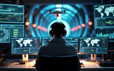 Man controls drone in front of monitors in a control room on transparent background