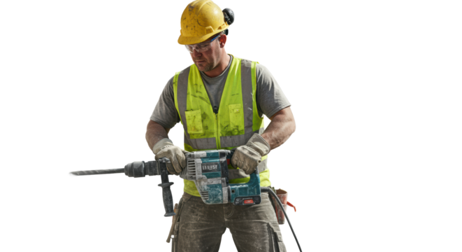 A robust late 30s male construction worker in a yellow hard hat and vest intensely drills a concrete wall on a dusty industrial site, concept of demanding industrial labor.