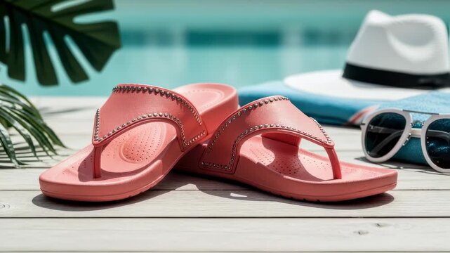 Trendy womens thong slide sandals displayed on a stylish summer background emphasizing affordable fashion and comfort for warm weather outfits. Cinematic shallow depth of field.