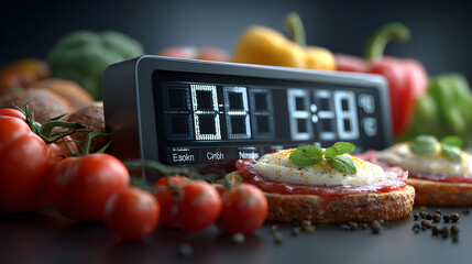 Focus on a clock flipping from fasting to eating winows alongside a calorieresriction record demonstratig how meal timing and caloie documentation combine fr successful body