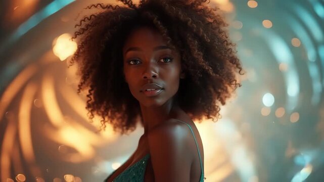 African goddess with futuristic background in motion. Seamless loop of a beautiful black woman in cinematic scene.