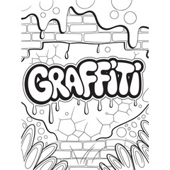 A cool 'Graffiti' text on a cracked brick wall with dripping paint, an urban street art themed coloring book page vector illustration