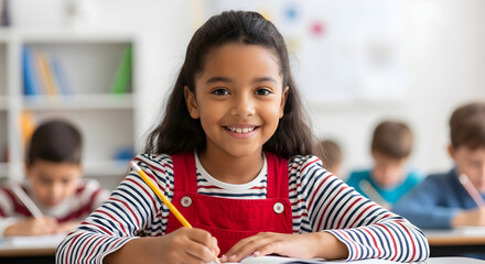 Happy smiling schoolgirl student writing in class education learning childhood elementary school girl kid portrait classroom back to school
