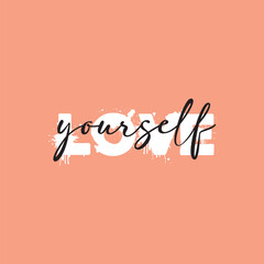 Love yourself handwritten black text isolated on pink background vector.
