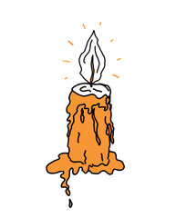 Whimsical hand drawn halloween candle. Doodle sketch element, magic spooky pumpkin character. line art cartoon icon, fun symbol for decoration, posters, horror party. Isolated vector illustration.