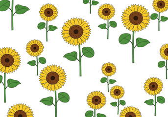 A repeating pattern of sunflowers against a black background showcases simple, charming illustrations.