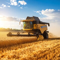 Fototapeta premium Harvesting Wheat Field with Modern Combine Harvester at Sunrise.