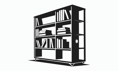 Bookshelf silhouette, bookcase icon, storage furniture vector, black and white illustration, home library graphic