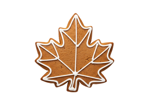 A decorative gingerbread cookie in the shape of a maple leaf, outlined with white icing, is featured against a black backdrop.