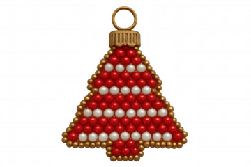Christmas tree ornament made of small red and white beads, with a golden top, isolated on transparent background, perfect for holiday projects