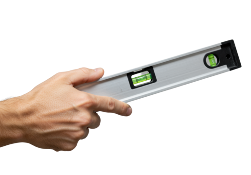Adult caucasian hand firmly holding a modern silver spirit level tool with a perfectly centered green bubble vial, isolated on a transparent studio background. Concept of precision and accuracy